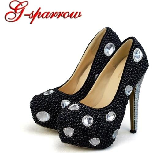 2018 New Arrival Black Rhinestone Single High Heel Shoes Female Formal Dress Shoes Pearl Honeymoon Mother of the Bride Shoes