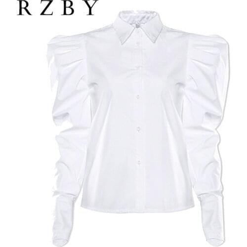 Elegant Puff Sleeve Blouse Women Shirts Office Lady Turn Down Collar Chemise 2021 Spring Femme Solid Fashion Tops RZBY426