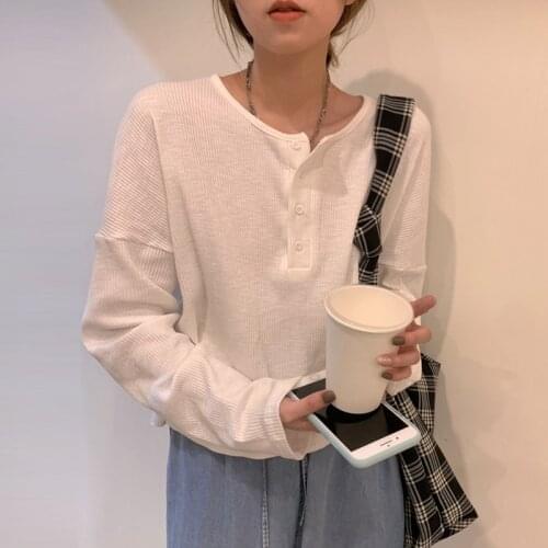 White Black Knitted Basic T-shirts Women Spring Autumn Casual O Neck Button Decor Long Sleeve All Match Top Tees Female Clothes