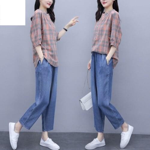 2021 Summer New Women Retro Casual Fashion Style O-neck Half Sleeve Plaid Top + High Waisted Jeans Two-piece Suit M-4XL Y656