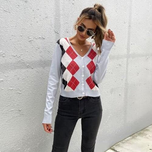 Autumn Women Sweater Knitted Open Stitch Full Sleeve Argyle Patchwork Sexy V-Neck Single Breasted Winter Knitwear Outwear C3164