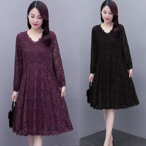 Spring Autumn New Women Retro Elegant Lace Dress Casual Knee-length Solid V-neck Long Sleeve Midi Dresses Vestido De Mujer Y540