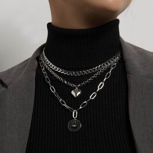 Punk Multilayer Thick Chain Heart Smile Face Pendant Necklace for Women Vintage Hiphop Geometric Clavicle Necklace Jewelry Gift
