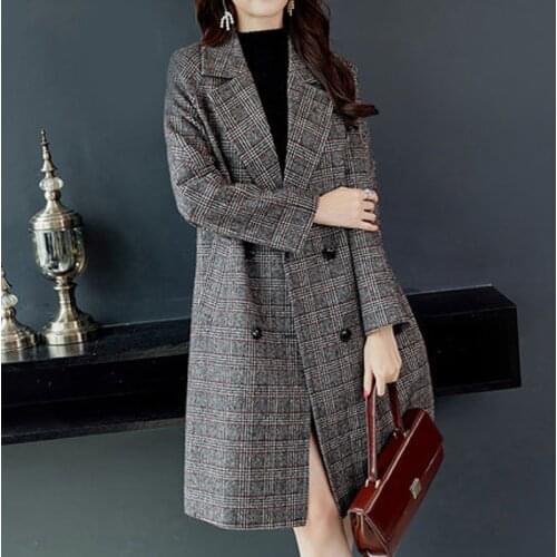 Autumn and winter new Korean version of the retro plaid woolen coat in the long section loose woolen coat ladies coat