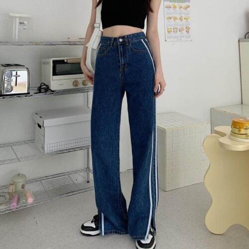 Zoki Fashion Striped Women Blue Jeans Straight Split Fork High Waist Streetwear Korean Denim Pants Pocket Causal Ladies Jeans