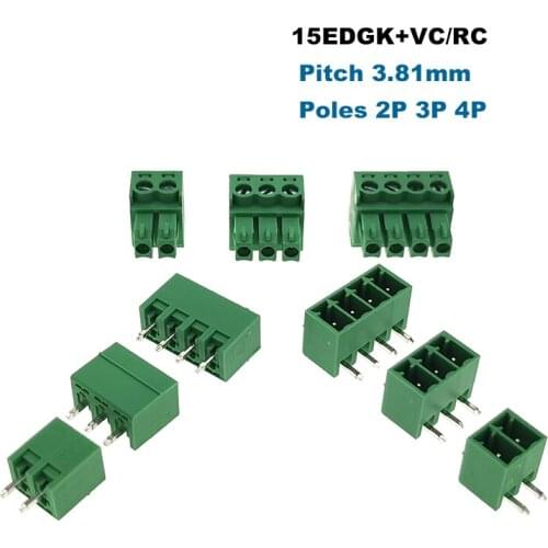 100Set Pluggable PCB Screw Terminal Block Pitch 3.81mm Connector 15EDGK+VC/RC Male Female Morsettiera Vertical Straight 2/3/4Pin