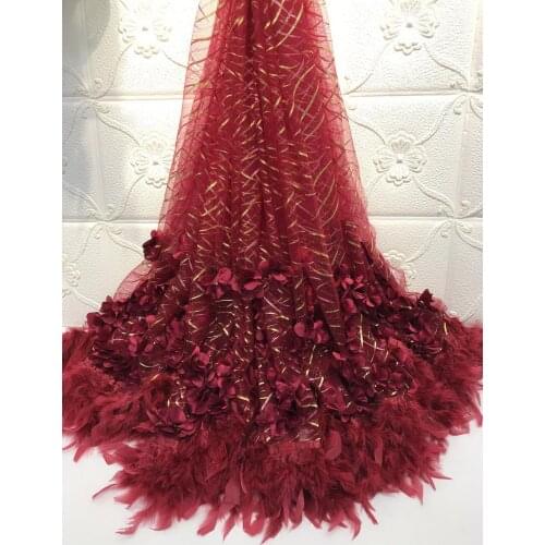 5 yards high quality with feather embroidered net tulle mesh lace gold french sequins lace fabrics for wedding dress DYS193