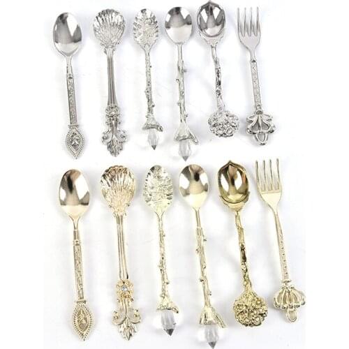 6pcs Vintage Spoons Fork Royal Style Metal Gold Carved Coffee Fruit Dessert Fork