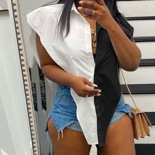 Patchwork Halter Long Tops Asymmetry V Neck Sexy Plus Size Women Blouse Sleeveless Loose Ladies Tank Summer Blouse Shirt 4