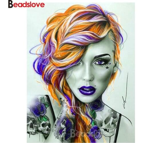 5d diy diamond painting Skull woman full square round diamond embroidery yellow tousle portrait painting purple lips wall decor