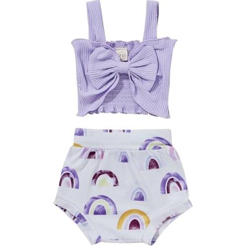 New 2 Pieces Kids Suit Set, Summer Solid Color Sleeveless Short Tops+ Floral Print Short Pants, Purple/Green/Yellow