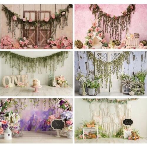 Leacco Spring Happy 1st Birthday Wooden Photographic Backdrops Party Flowers Baby Portrait Photographic Backgrounds Photo Studio