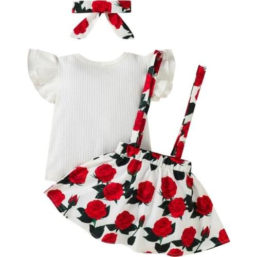 Baby Girls 3PCS Summer Clothes Fly Sleeve Rib Knit T-shir+ Flower Suspender Skirt with Headband Cute Vacation Outfits Children