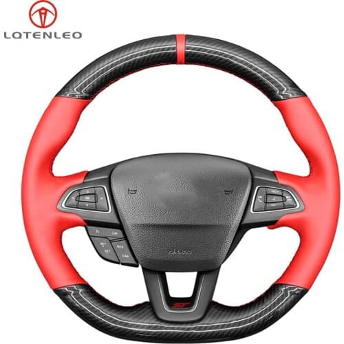 LQTENLEO Carbon Fiber Red Leather Car Steering Wheel Cover For Ford Focus (RS | ST | ST-Line) Kuga (ST-Line) Ecosport (ST-Line)