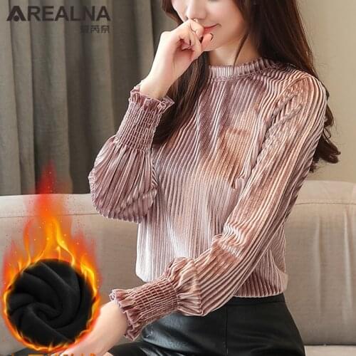 Fashion Women Blouse 2019 Autumn Winter Shiny Striped Velvet Womens Shirts Elegant Long Sleeve Thick Warm Ladies Tops Camisas