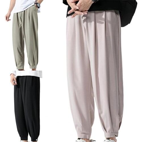 New Men Sport Pants Solid Color Ankle-leg Elastic Waist Ankle Tied Oversize Pants Sweatpants pantalones hombre штаны мужские