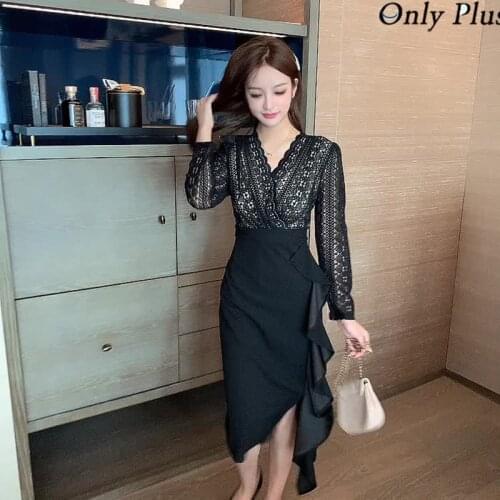 Only Plus 2021 Temperament Ladies Style Lace Stitching Dress Slim And Thin All-match A-line Little Black Dress V-neck Ruffles