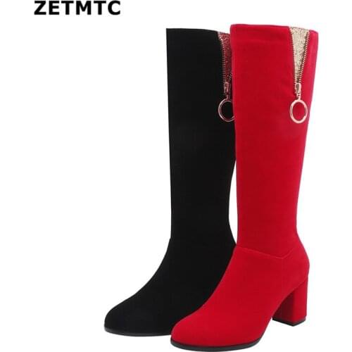 Autumn Knee High Boots Women Crystal Thick High Heels Long Boots Zipper Round Toe Shoes Lady Winter Black red Big Size 32-43
