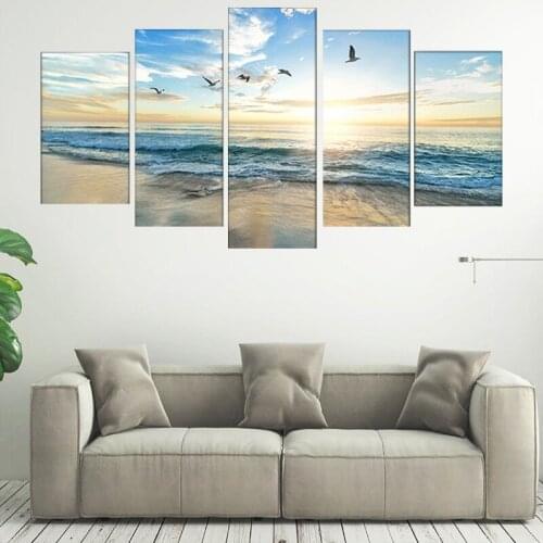 Canvas HD Prints Poster Home Decor 5 Pieces Sea Wave Beach Seagull Birds Paintings Modular Wall Art Seascape Pictures Framework