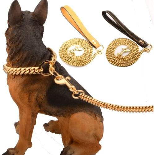 Stainless Steel Pet Gold Chain Dog Leashes Leather Handle Portable Leash Rope Straps Puppy Dog Cat Training Slip Collar Supplies