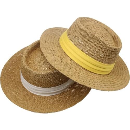 Straw hats women beach summer outdoor solid weaven band belt fascinator women hats spring flat top casual sun summer hats women