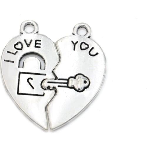 Tibetan Silver plated Bone I love YOU Lock Charm Pendant Fit Making Necklace Bracelet Jewelry Accessories DIY 30mm