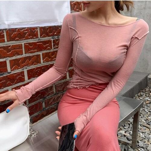 Shintimes Thin Autumn Tops Korean Style Sexy Slim T Shirt Women 2020 Fall Clothes Elasticity Long Sleeve T-Shirt Woman Tshirt
