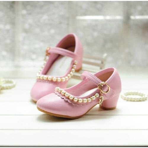 Girl Leather Shoes Children High Heeled Shoes Spring Autumn Princess Korean Dance Performance Shoes White Pearl Student Sneaker