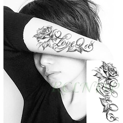 Waterproof Temporary Tattoo Sticker Rose Flower English Word "LOVE" Element Fake Tatoo Flash Tatto Arm Leg Art for Women Men