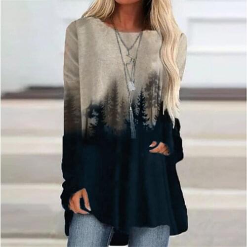 New Clothing 2021 Autumn Women Fashion Gradient Long Sleeves Printed O-neck Tops Tee T-shirt Plus Size Vintage Elegant #t2g