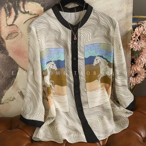 Horse print short-sleeved mulberry silk shirt tops blouse womens