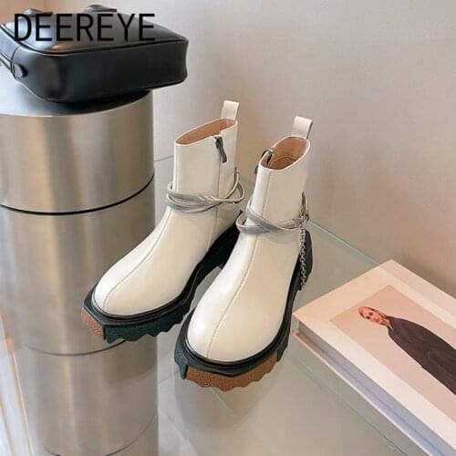 2021 Genuine Leather Platform Silver Chain Ankle Boots Zipper Round Toe Chunky Heels For Women Party Work Shoes Big Size 34-41