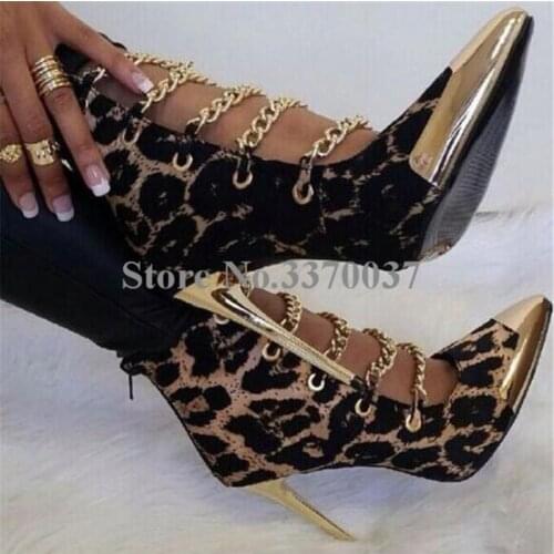 Women Fashion Gold Metal Pointed Toe Leopard Patent Leather Ankle Boots Stiletto Heel Ankle Boots High Heel Dress Shoes
