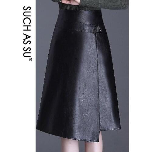 Skirts Womens 2020 Autumn Winter Leather Skirt Black PU Patchwork High Waist Knee-Length S-3XL Size Asymmetrical Skirt 9792