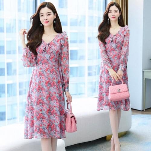 2021 Pink Floral Chiffon V-Neck Sexy Sundress Spring Autumn Boho Casual Beach Midi Dresses Women Elegant Bodycon Party Vestidos