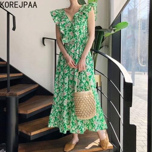 Korejpaa Women Dress 2021 Summer Korean Chic Sweet Female V-Neck Ruffled Stitching Back Lace Hollow Flying Sleeve Floral Vestido