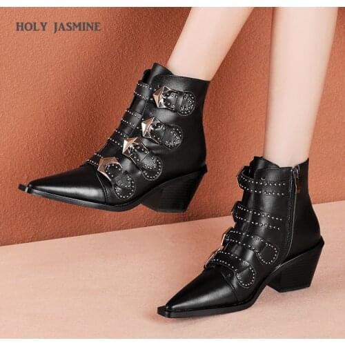 Winter Warm Ankle Boots Sexy Buckles High Heeled Women Boots Black Studded Leather Zapatos Mujer Zip Ladies Shoes Plus Size 42