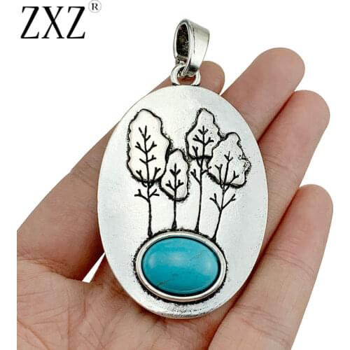 ZXZ 2pcs Tibetan Silver Large Tree Faux Turquoise Stone Oval Shape Charms Pendants for Necklace Jewelry Making Accessories