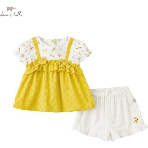 DBM17568 dave bella summer baby girls cute bow floral print clothing sets kids fashion short sleeve sets children 2 pcs suit