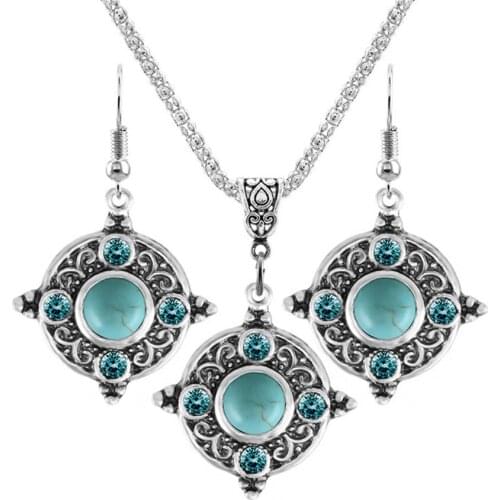 FYSL 10 Sets Silver Plated Geometric Shape Green Turquoises Stone Pendant Necklace Earrings with Rhinestone Jewelry