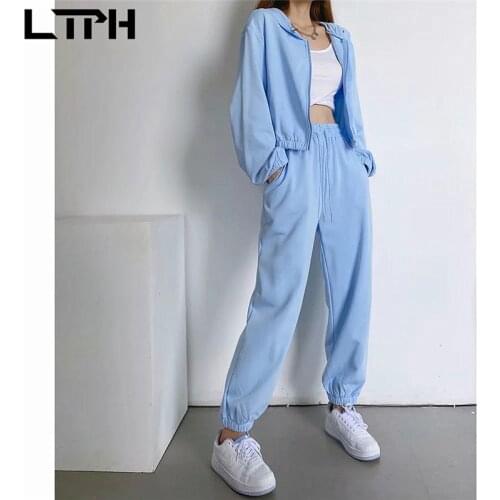 LTPH tracksuits women two peices set short hooded sweatshirt high waist drawstring sweatpants casual pant sets 2021 autumn new