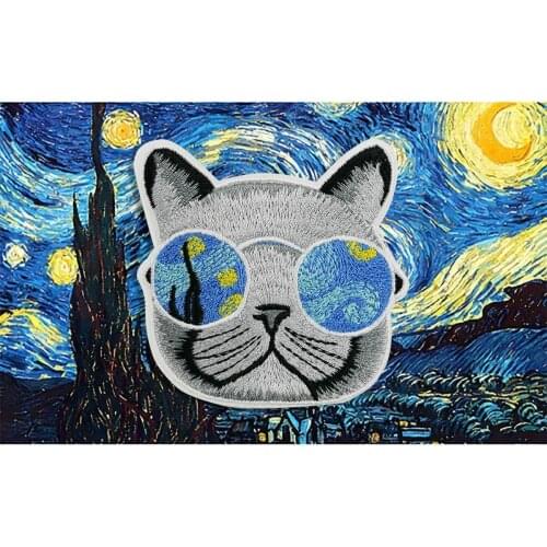 Van Gogh Star Cool Kittens Embroidered Patches Iron on for Clothes Cartoon Logo Embroidered Patches Appliques for Clothing