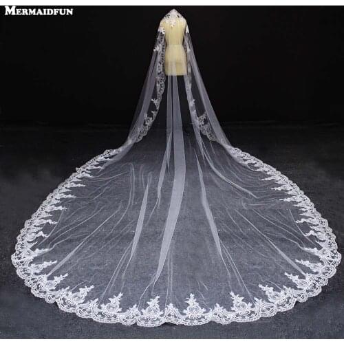 Real Photos Luxury Long 5 Meters Lace Edge One Layer Wedding Veil with Comb White Ivory Bridal Veil Voile Mariage