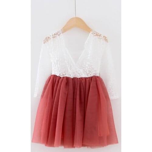 Retail New Baby Girls Long Sleeve Lace V-back Mesh Dress , Girls Princess Sweet Flower Clothes 0-6T