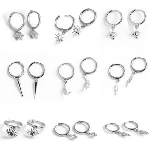 INZATT Real 925 Sterling Silver Round Zircon Moon Star Hoop Earrings For Fashion Woman Fine Jewelry Geometric Punk Accessories