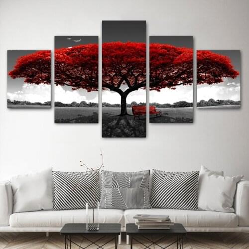 Nordic 5 Panels Canvas Landscape Gray Sky Red Tree Bench Painting Wall Art Posters and Print Painting For Living Room Decoration
