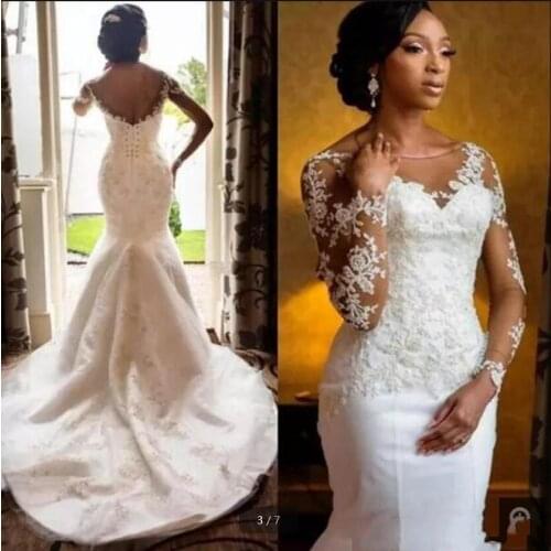 Modern south African Mermaid Wedding Dress Vestido De Noiva lace appliques Sheer Neck Long Sleeve Bridal Gowns beaded Black