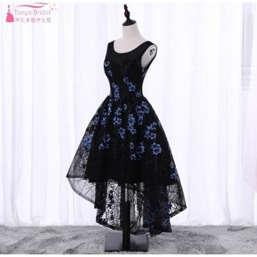 Navy Blue Stars Short Front Long Back Tea Length Bridesmaid Dresses Lace Wedding Party Dress Formal Women Lady Gown JQ141