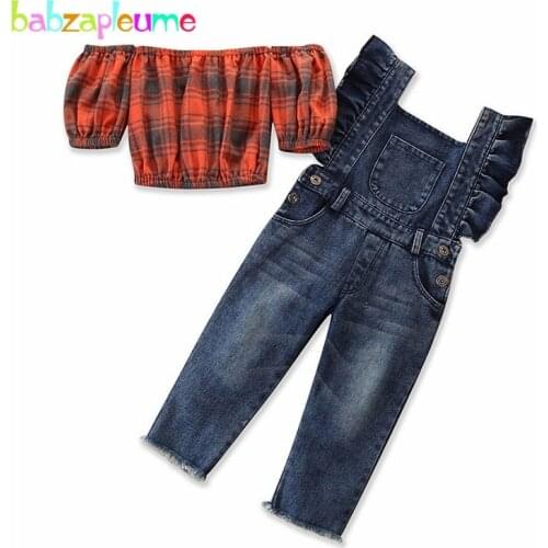 2Piece/1-6Years/2020 Spring Summer Baby Girls Clothes Fashion Plaid T-shirt+Overalls Kids Jeans For Children Clothing Set BC1615