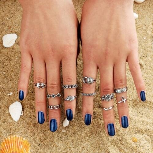 11 pcs/set Vintage Punk Knuckle Ring Set For Women Hollow Flower Sun Moon Ancient Gold Silver Color Rings Middle Finger Jewelry